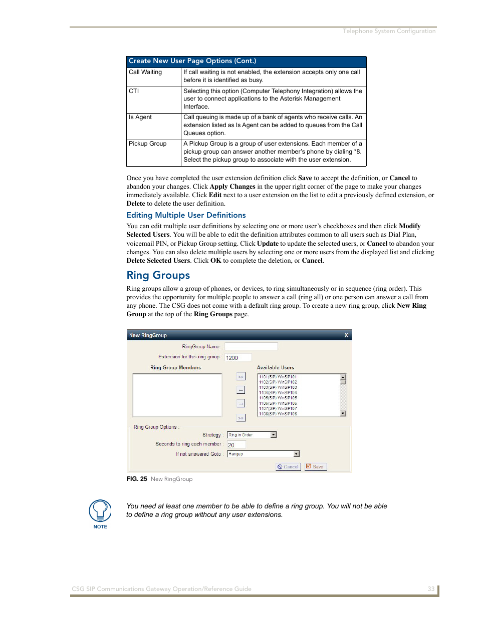 Editing multiple user definitions, Ring groups | AMX SIP Communications Gateway CSG-500 User Manual | Page 41 / 84