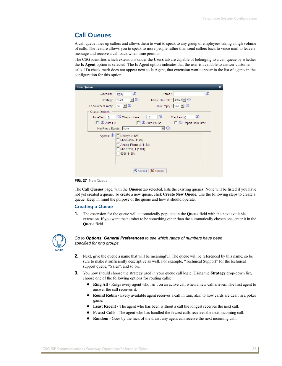 Call queues, Creating a queue | AMX SIP Communications Gateway CSG-500 User Manual | Page 43 / 84
