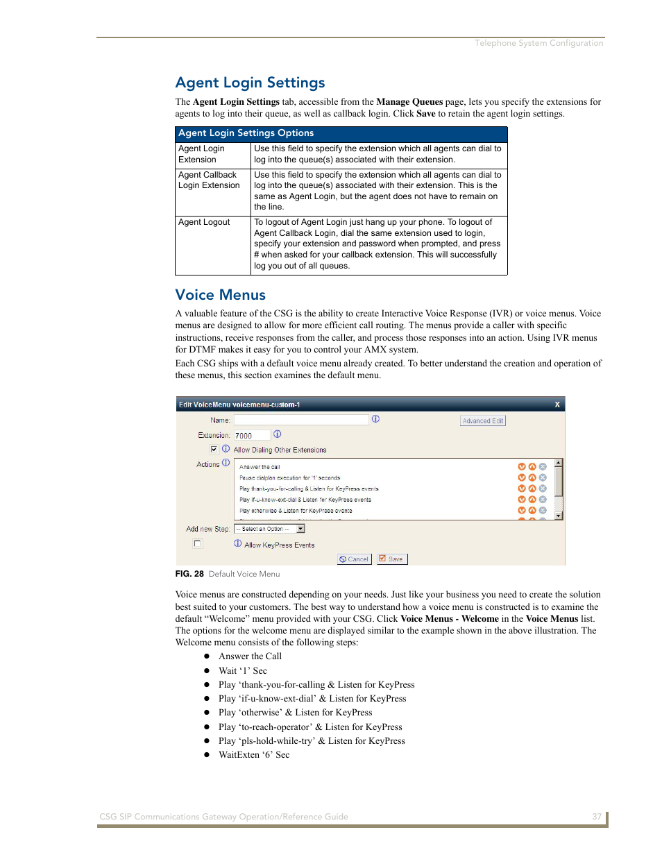 Agent login settings, Voice menus | AMX SIP Communications Gateway CSG-500 User Manual | Page 45 / 84