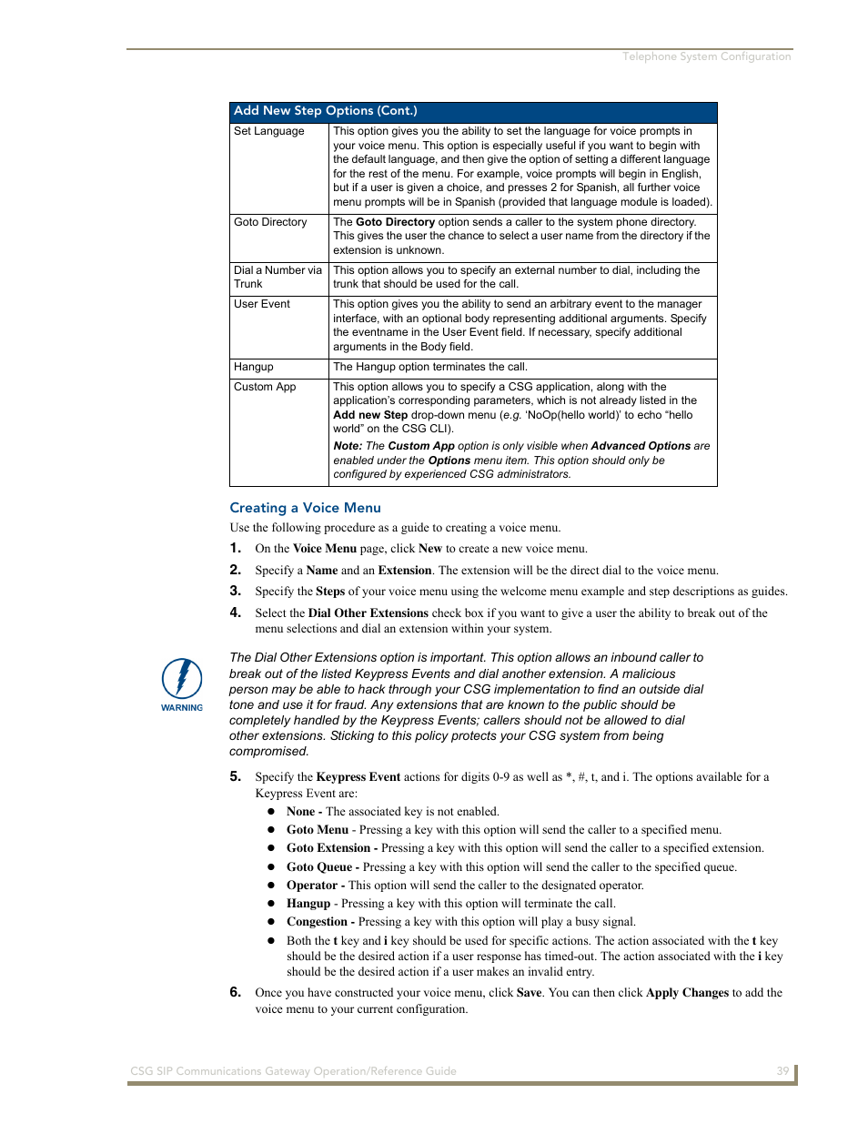 Creating a voice menu | AMX SIP Communications Gateway CSG-500 User Manual | Page 47 / 84