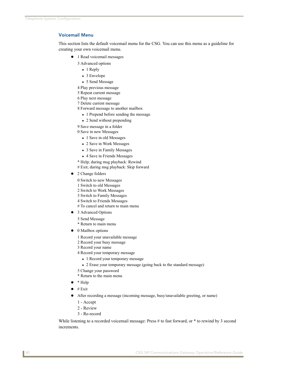 Voicemail menu | AMX SIP Communications Gateway CSG-500 User Manual | Page 48 / 84