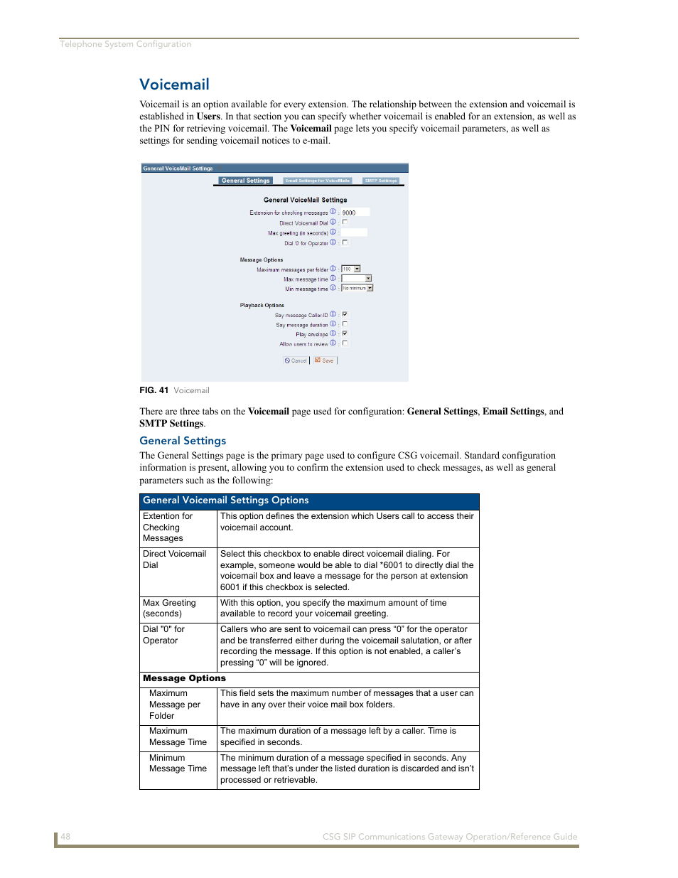 Voicemail, General settings | AMX SIP Communications Gateway CSG-500 User Manual | Page 56 / 84