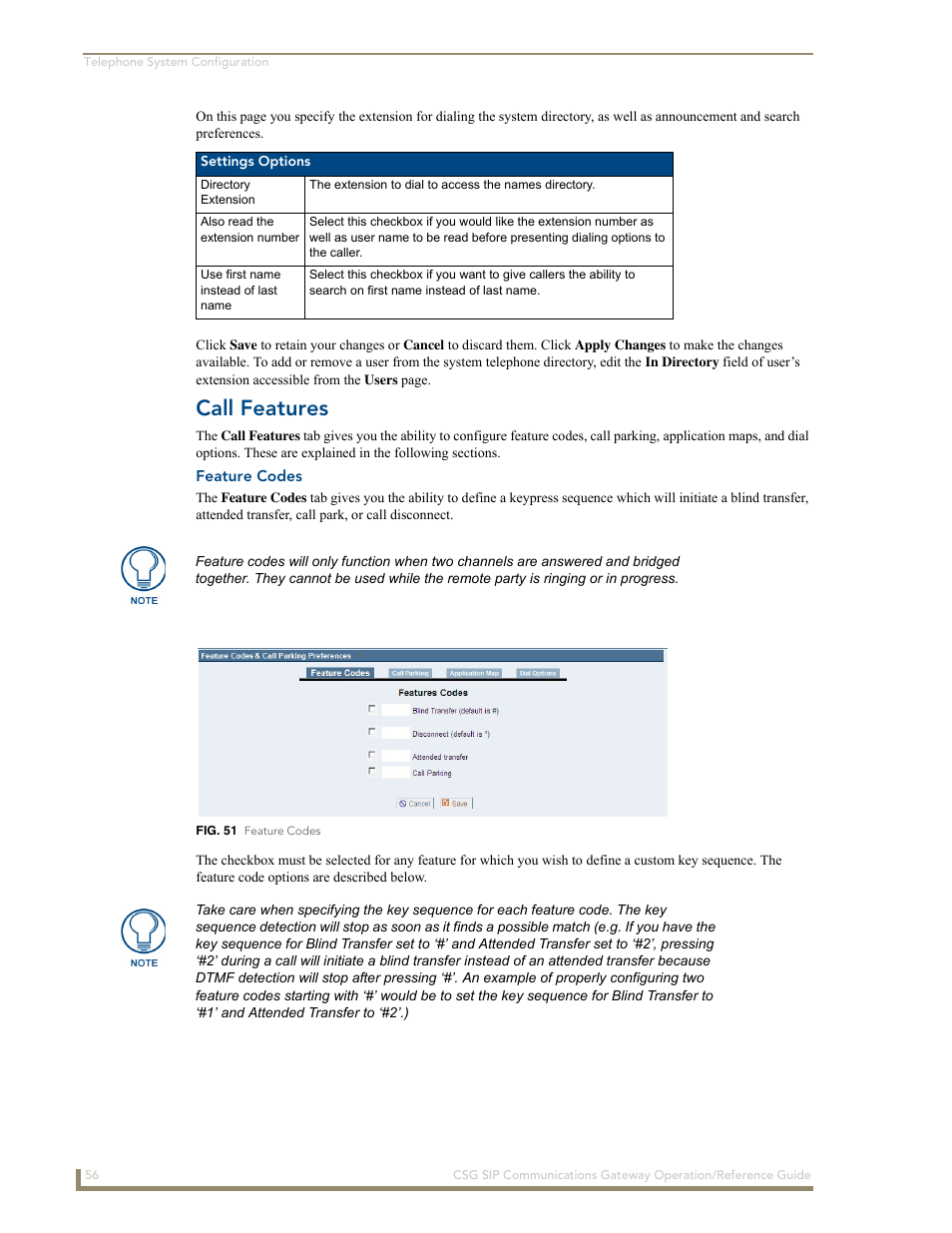 Call features, Feature codes | AMX SIP Communications Gateway CSG-500 User Manual | Page 64 / 84