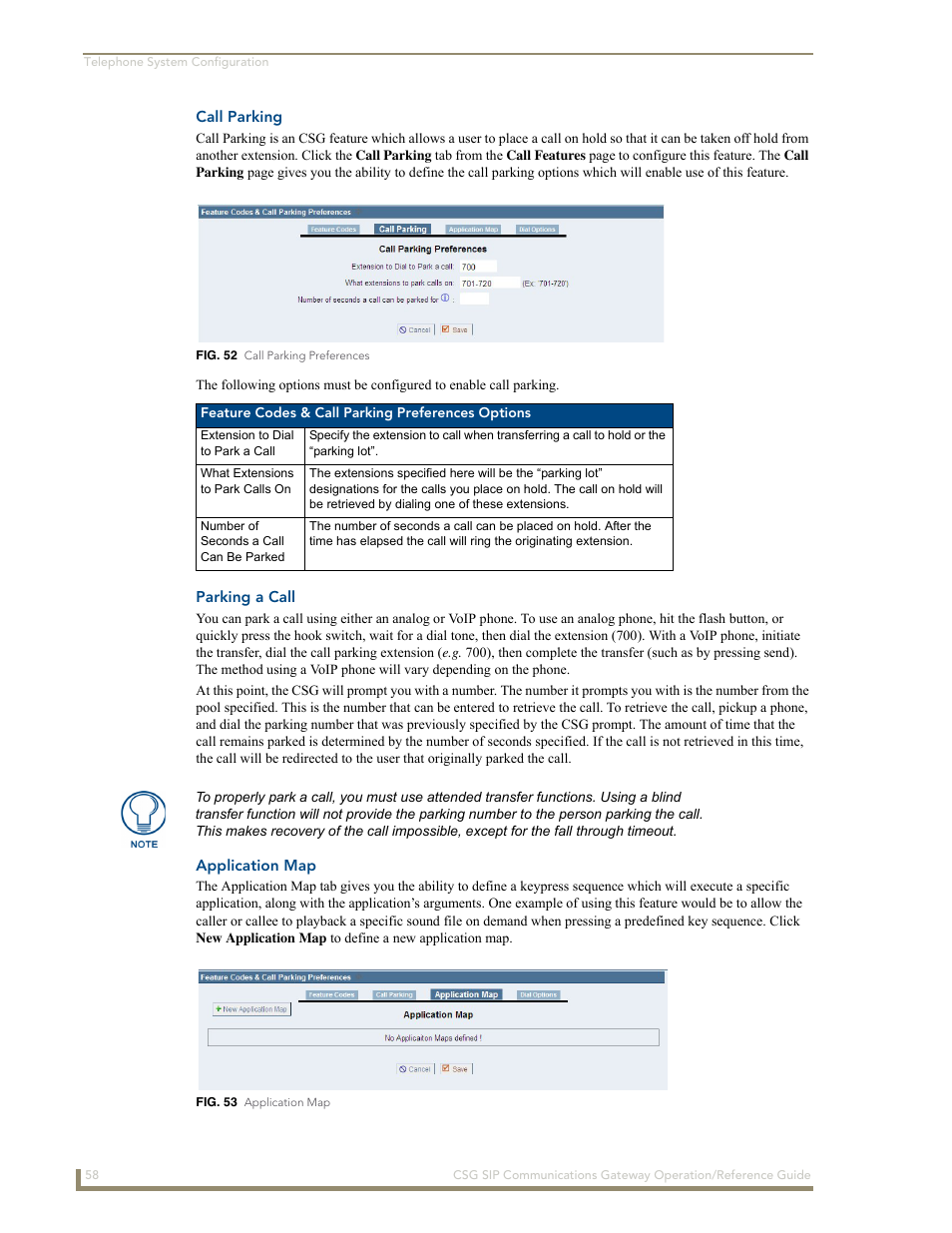 Call parking, Parking a call, Application map | AMX SIP Communications Gateway CSG-500 User Manual | Page 66 / 84