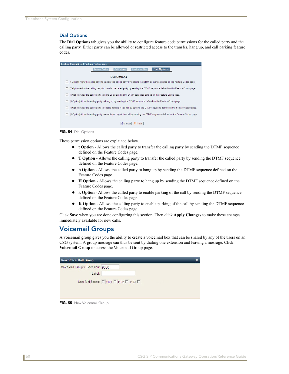 Dial options, Voicemail groups | AMX SIP Communications Gateway CSG-500 User Manual | Page 68 / 84