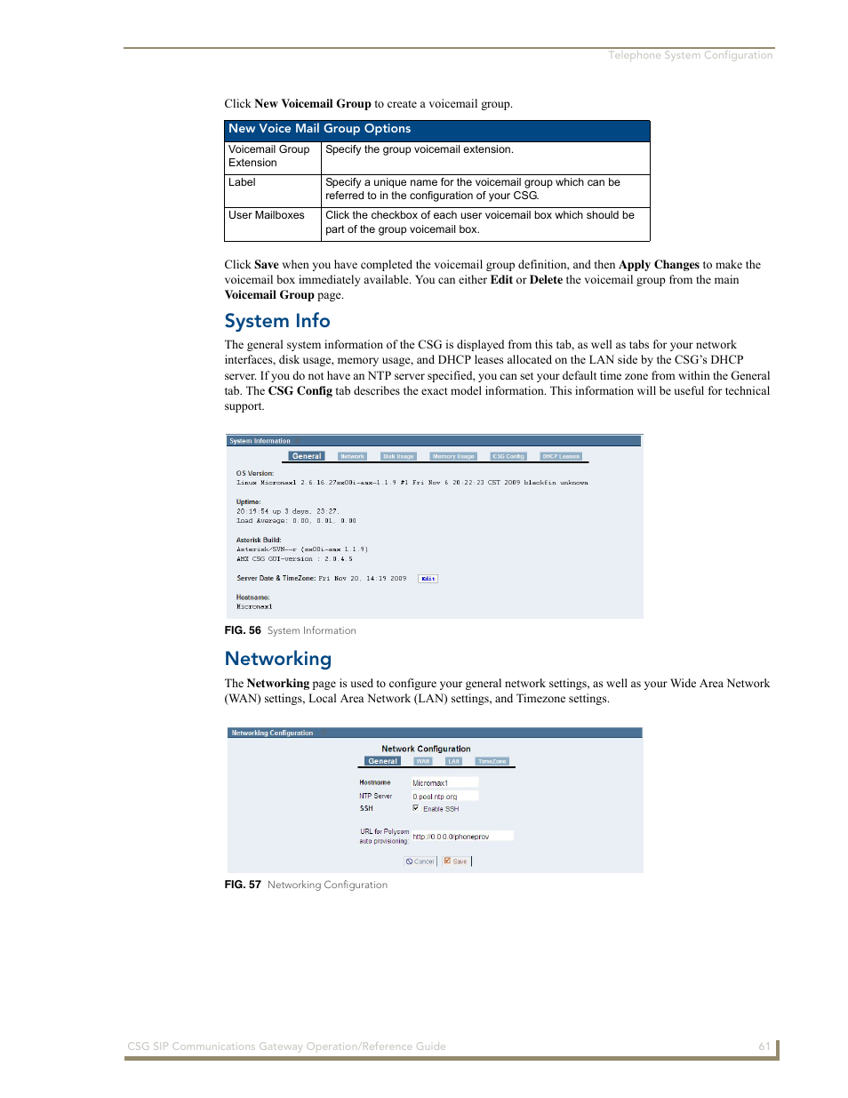 System info, Networking | AMX SIP Communications Gateway CSG-500 User Manual | Page 69 / 84