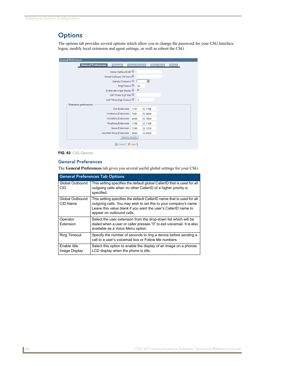 Options, General preferences | AMX SIP Communications Gateway CSG-500 User Manual | Page 74 / 84