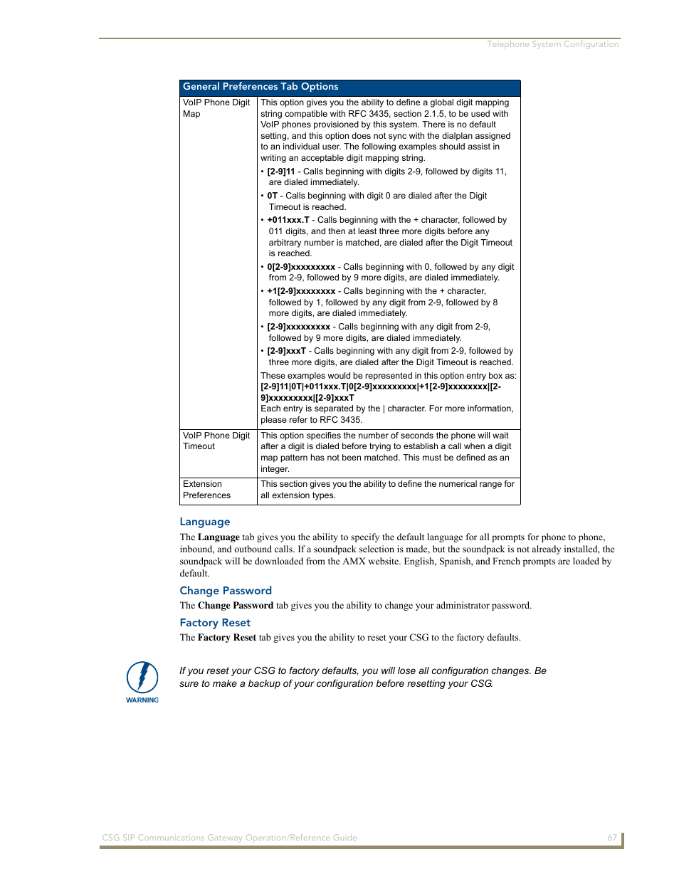Language, Change password, Factory reset | AMX SIP Communications Gateway CSG-500 User Manual | Page 75 / 84