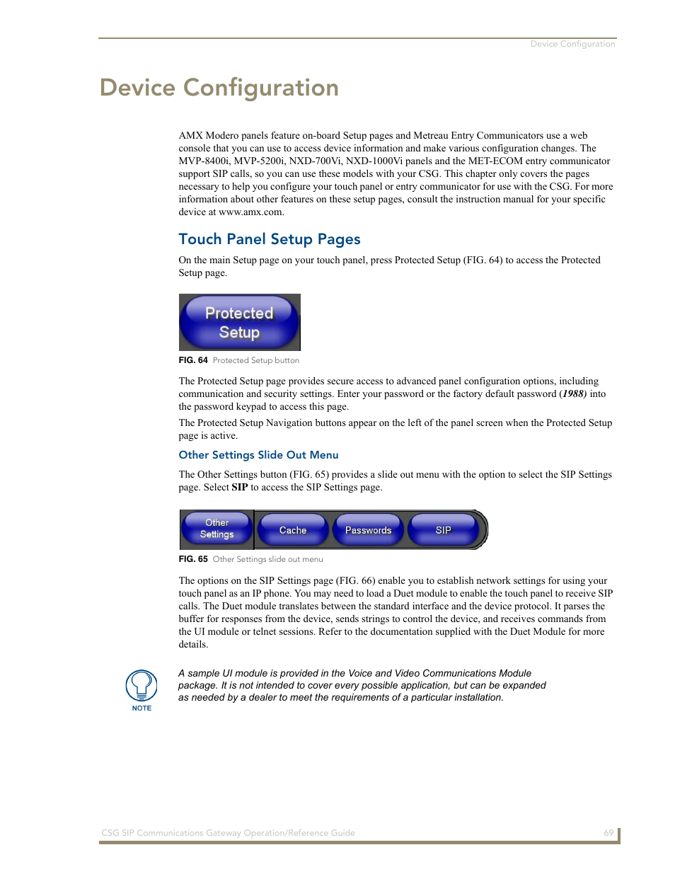 Device configuration, Other settings slide out menu, Touch panel setup pages | AMX SIP Communications Gateway CSG-500 User Manual | Page 77 / 84