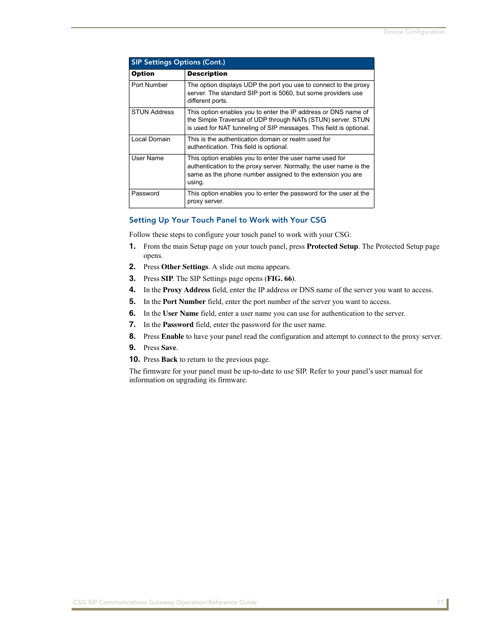 Setting up your touch panel to work with your csg | AMX SIP Communications Gateway CSG-500 User Manual | Page 79 / 84