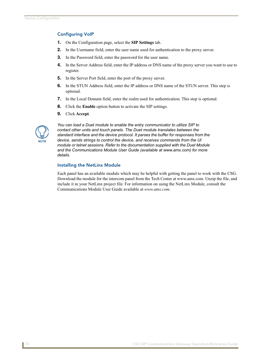Configuring voip, Installing the netlinx module | AMX SIP Communications Gateway CSG-500 User Manual | Page 82 / 84