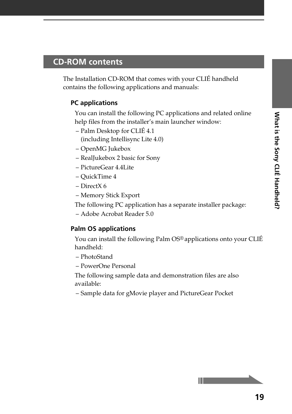 What is on the clié installation cd-rom, Cd-rom contents | Sony PEG-N760C User Manual | Page 19 / 60