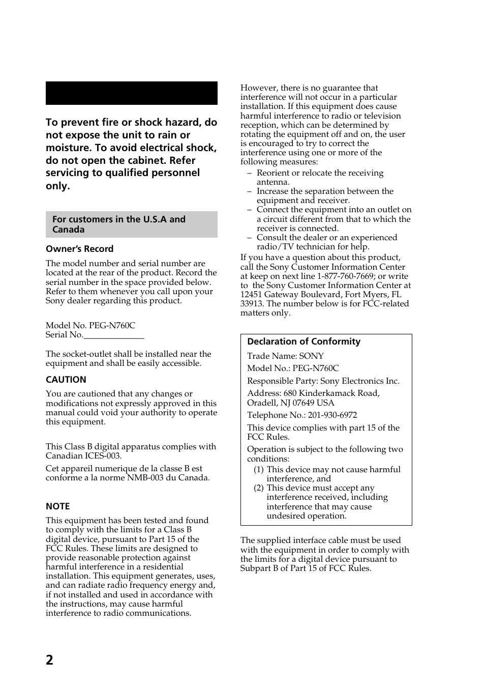 Warning | Sony PEG-N760C User Manual | Page 2 / 60