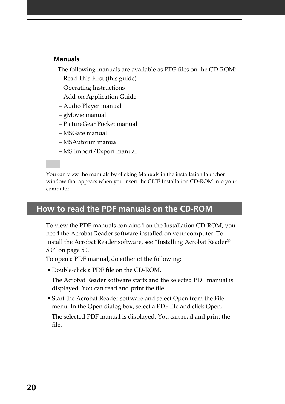 How to read the pdf manuals on the cd-rom, 20 what is on the clié installation cd-rom | Sony PEG-N760C User Manual | Page 20 / 60