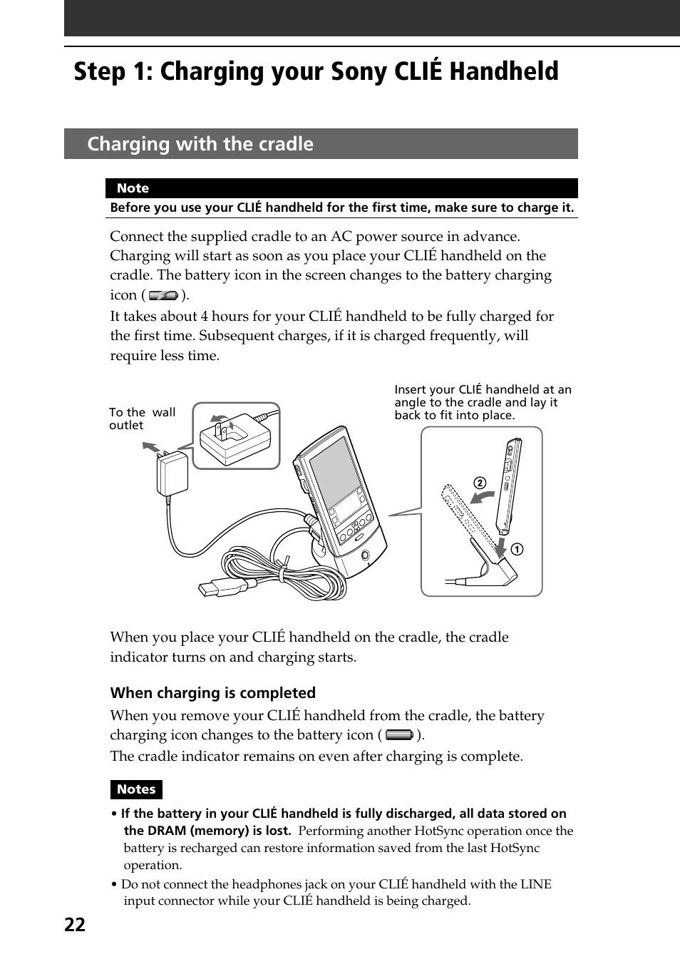 Step 1: charging your sony clié handheld, Charging with the cradle, Step 1: charging your sony clié | Handheld | Sony PEG-N760C User Manual | Page 22 / 60