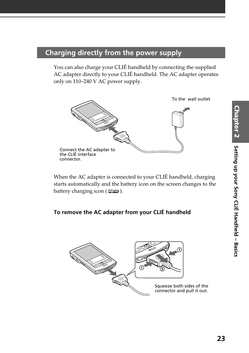 Charging directly from the power supply | Sony PEG-N760C User Manual | Page 23 / 60