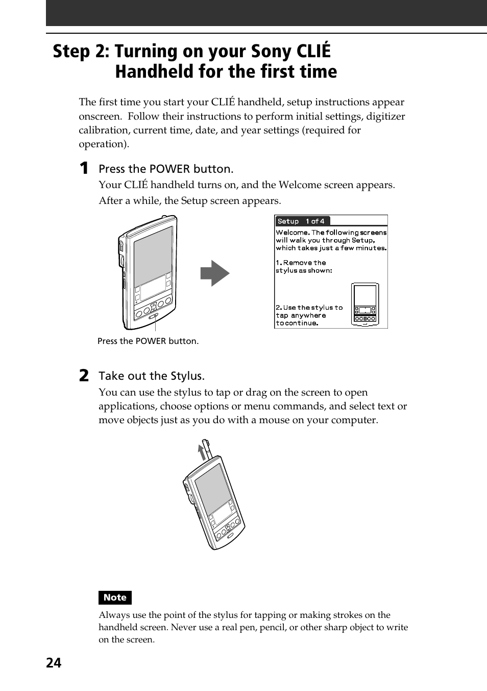 Step 2: turning on your sony clié, Handheld for the first time | Sony PEG-N760C User Manual | Page 24 / 60