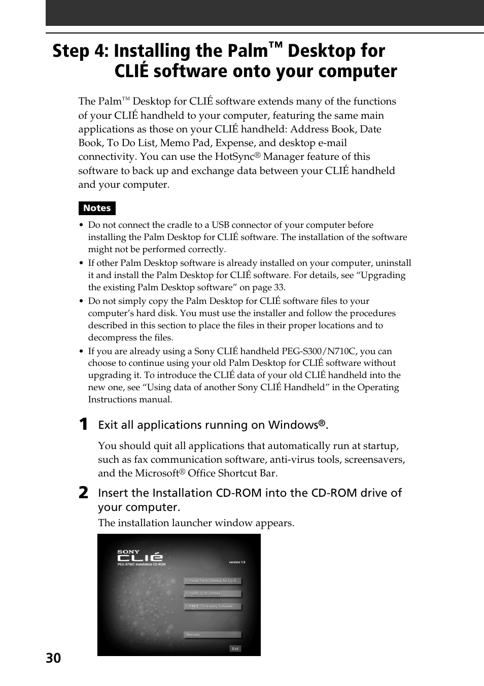 Step 4: installing the palm™ desktop, For clié software onto your computer, Step 4: installing the palm | Desktop for clié software onto your computer | Sony PEG-N760C User Manual | Page 30 / 60