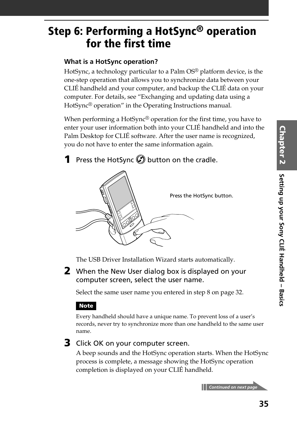 Step 6: performing a hotsync, Operation for the first time | Sony PEG-N760C User Manual | Page 35 / 60