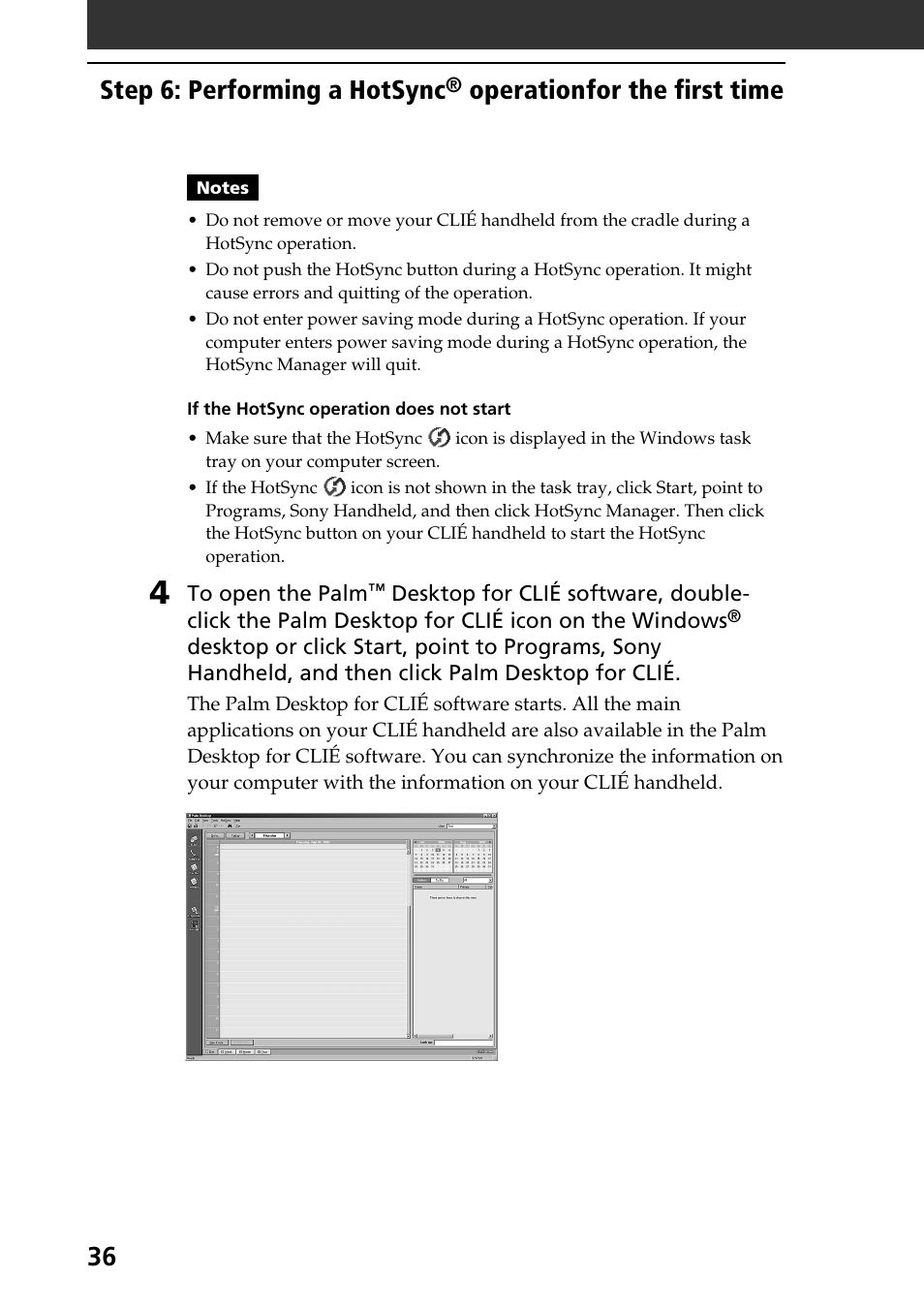 Step 6: performing a hotsync, Operationfor the first time | Sony PEG-N760C User Manual | Page 36 / 60