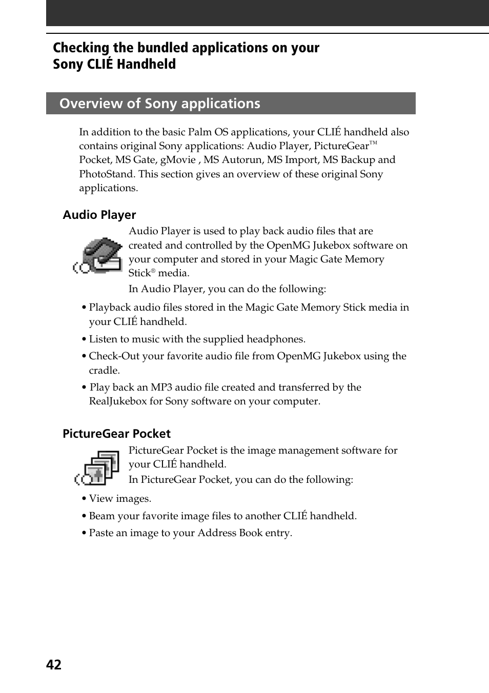 Overview of sony applications, 42 overview of sony applications | Sony PEG-N760C User Manual | Page 42 / 60