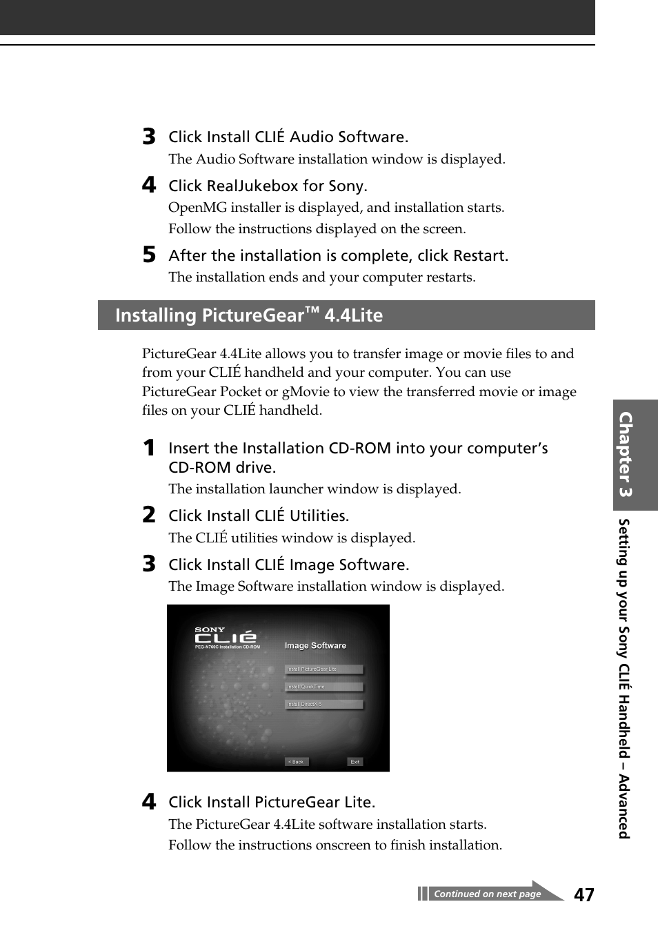 Installing picturegear™ 4.4lite | Sony PEG-N760C User Manual | Page 47 / 60