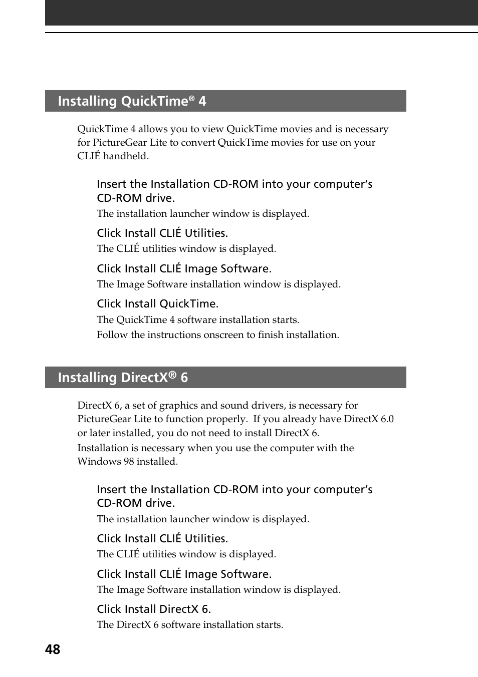 Installing quicktime® 4, Installing directx® 6, Installing quicktime | Installing directx | Sony PEG-N760C User Manual | Page 48 / 60