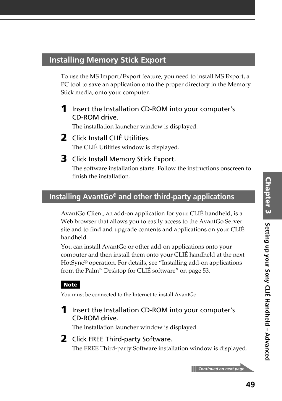 Installing memory stick export, Installing memory stick export installing avantgo, And other | Third-party applications, Installing avantgo, And other third-party applications | Sony PEG-N760C User Manual | Page 49 / 60