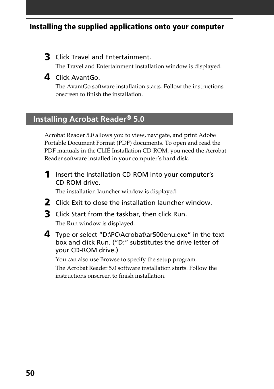 Installing acrobat reader® 5.0, Installing acrobat reader | Sony PEG-N760C User Manual | Page 50 / 60