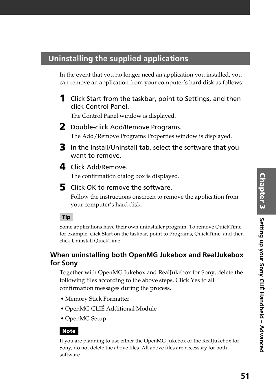 Uninstalling the supplied applications, Uninstalling the supplied applications 51 | Sony PEG-N760C User Manual | Page 51 / 60