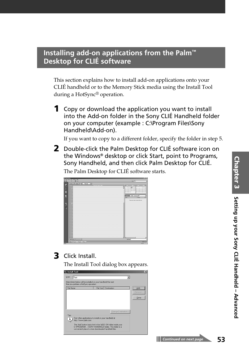 Installing add-on applications from the palm, Desktop for clié software | Sony PEG-N760C User Manual | Page 53 / 60