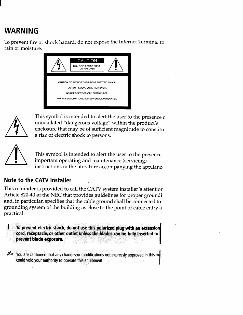 Note to the catv installer, Warning | Sony INT-W200 User Manual | Page 2 / 49