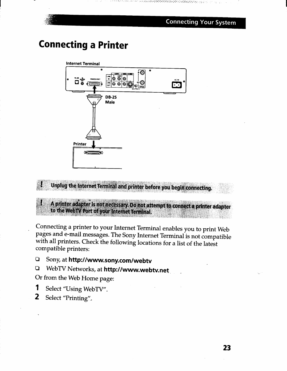 Connecting a printer | Sony INT-W200 User Manual | Page 26 / 49