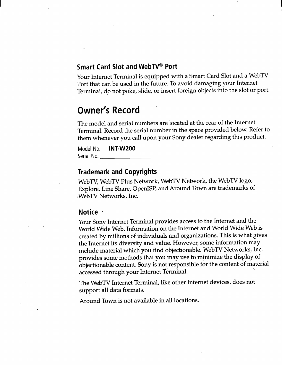 Smart card slot and webtv® port, Trademark and copyrights, Notice | Owner's record | Sony INT-W200 User Manual | Page 3 / 49