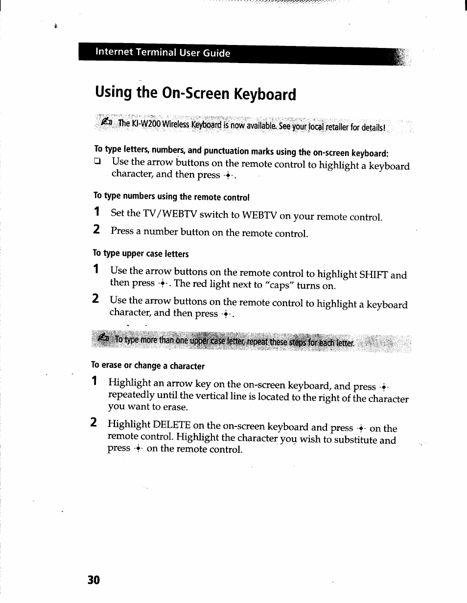 Internet terminal user guide, Using the on-screen keyboard, To type numbers using the remote control | To type upper case letters, To erase or change a character | Sony INT-W200 User Manual | Page 33 / 49