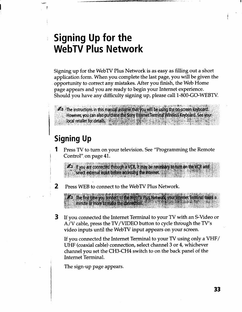 Signing up for the webtv plus network, Signing up | Sony INT-W200 User Manual | Page 35 / 49