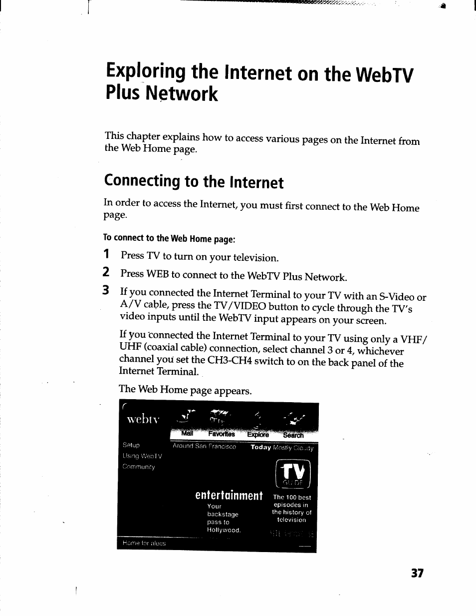 Exploring the internet on the webtv plus network, Connecting to the internet, Entertainment the 100 best | Sony INT-W200 User Manual | Page 39 / 49