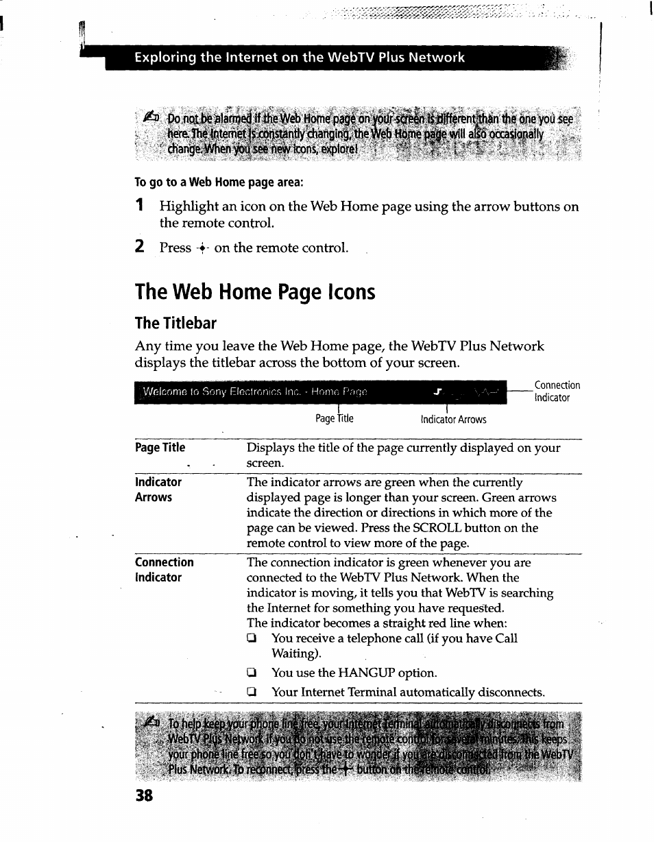 Exploring the internet on the webtv plus network, Here.|heiqtfimi5t|$j(^$^ntiy’^^ alf occa$io|ially, 2 press on the remote control | The titlebar, To help keep your phone iin|/re^ yoi, The web home page icons | Sony INT-W200 User Manual | Page 40 / 49