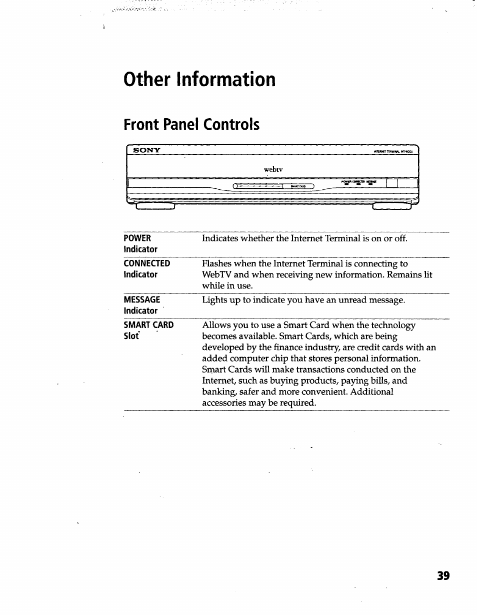 Other information, Front panel controls | Sony INT-W200 User Manual | Page 41 / 49