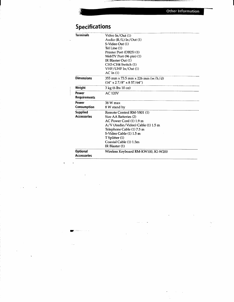 Specifications | Sony INT-W200 User Manual | Page 47 / 49