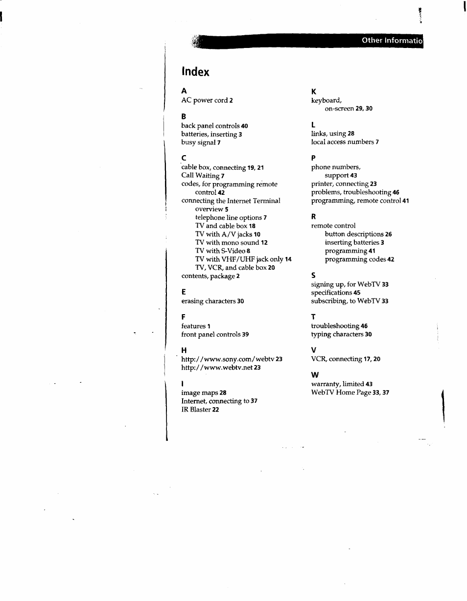 Index | Sony INT-W200 User Manual | Page 49 / 49