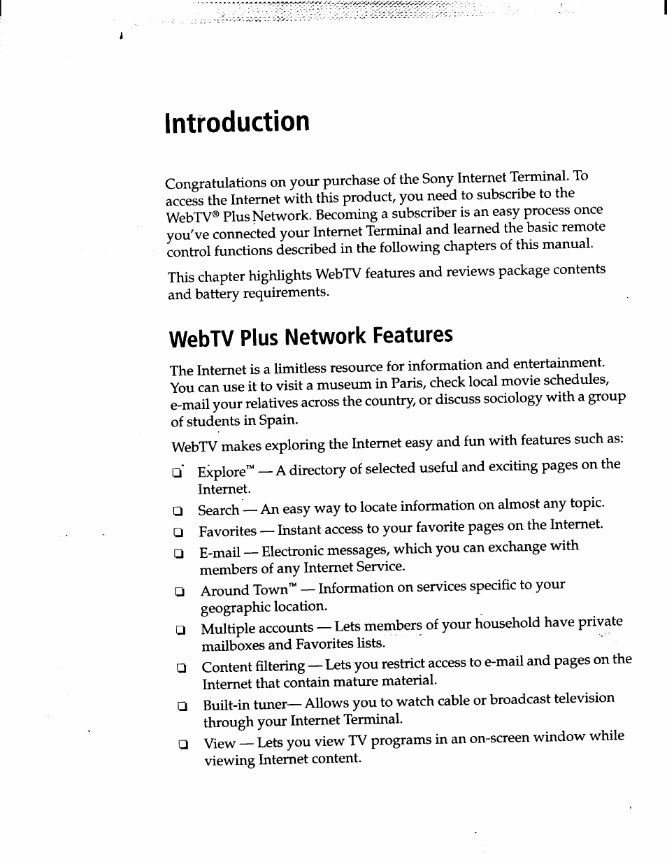 Introduction, Webtv plus network features | Sony INT-W200 User Manual | Page 5 / 49