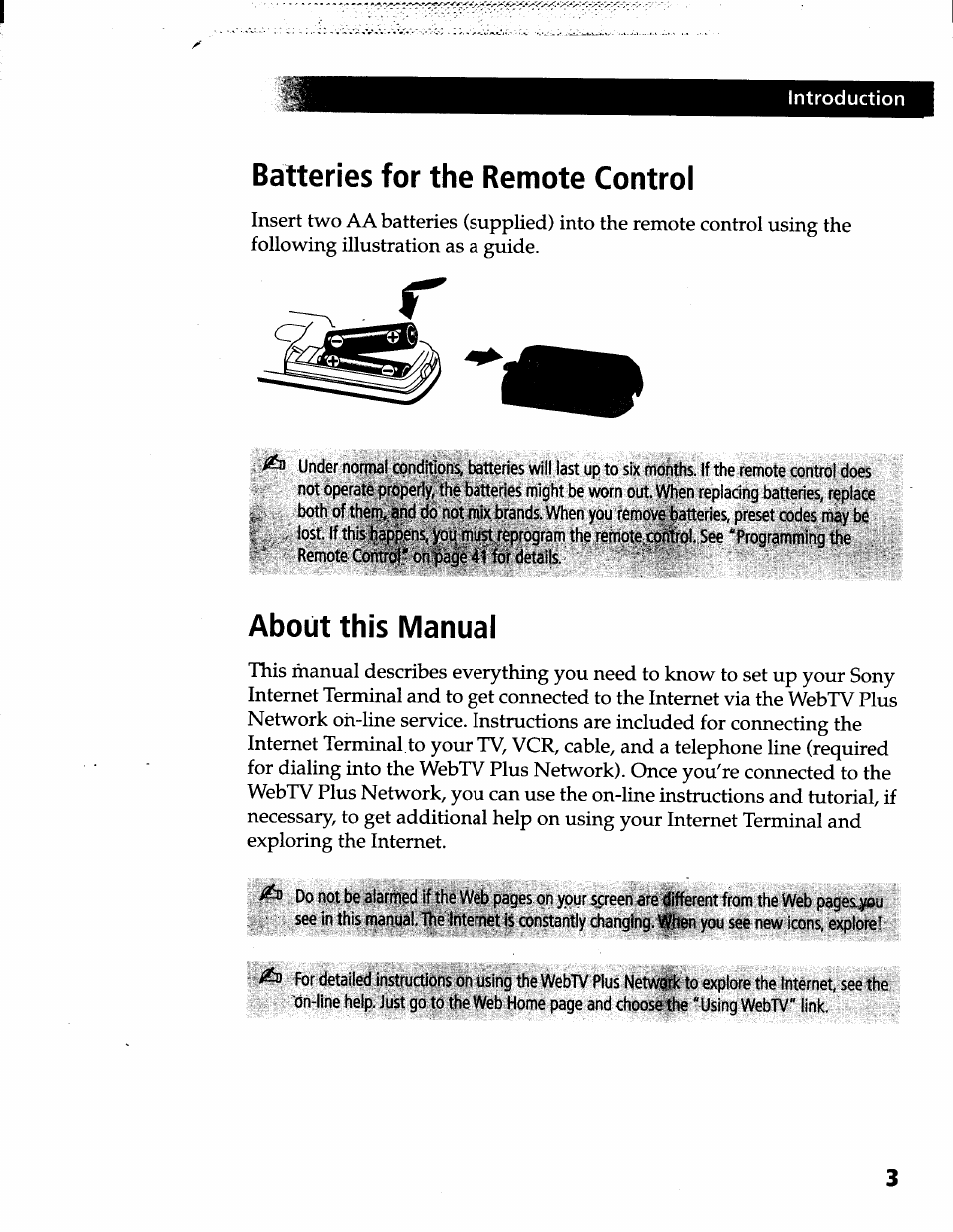 Batteries for the remote control, About this manual | Sony INT-W200 User Manual | Page 7 / 49