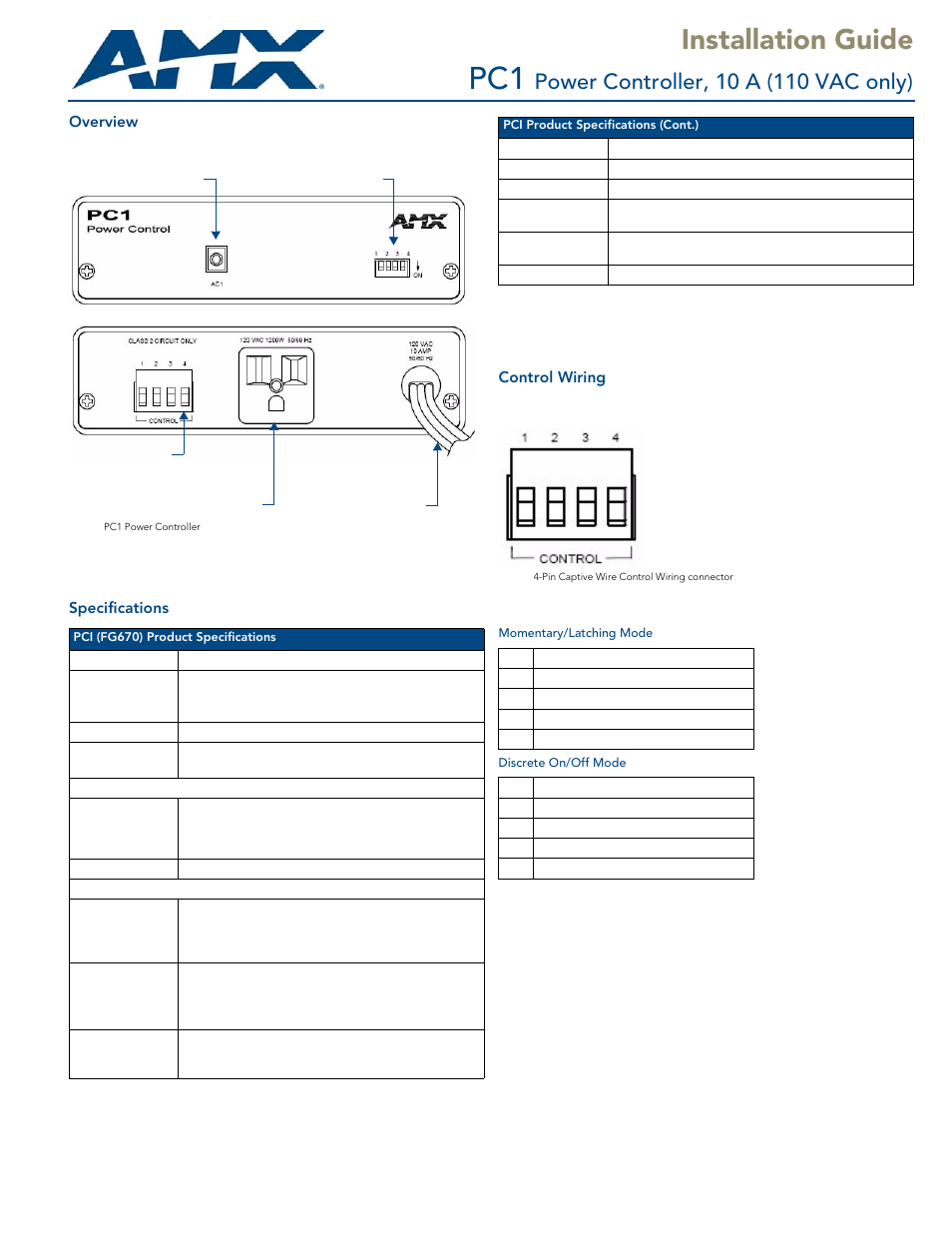AMX Power Controller PC1 User Manual | 2 pages