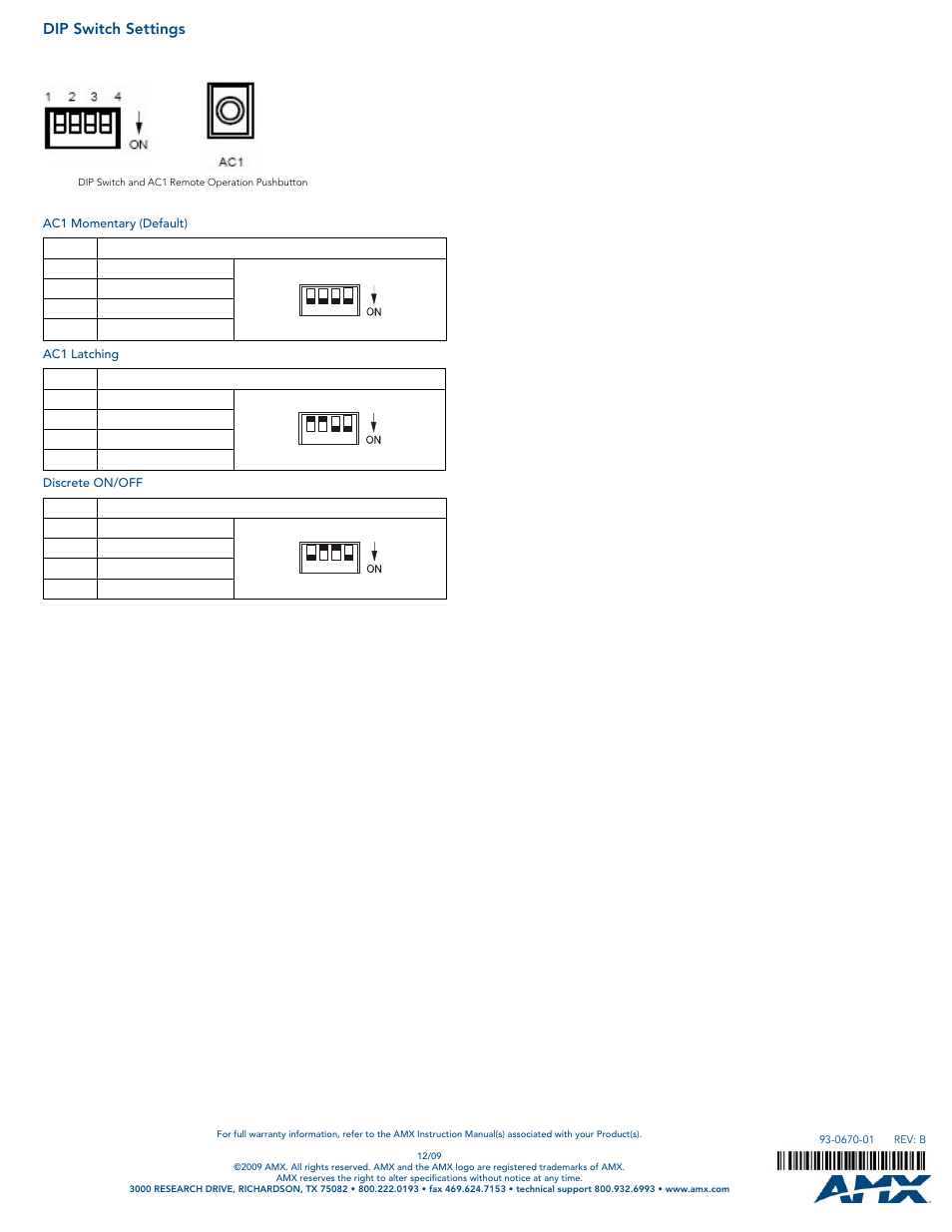 Dip switch settings, Ac1 momentary (default), Ac1 latching | Discrete on/off | AMX Power Controller PC1 User Manual | Page 2 / 2