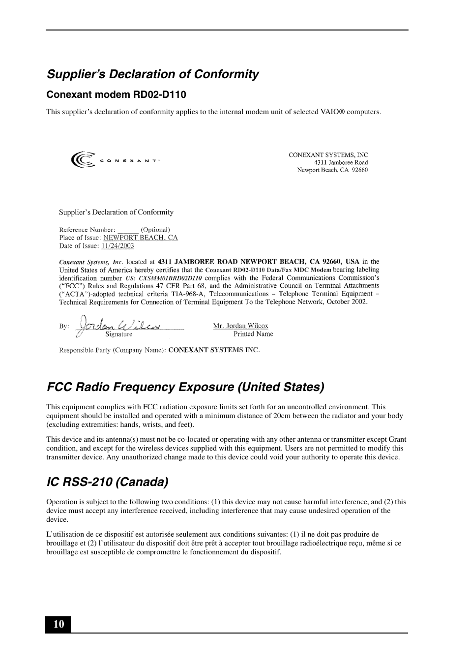 Supplier’s declaration of conformity, Fcc radio frequency exposure (united states), Ic rss-210 (canada) | Sony VGC-VA11G User Manual | Page 10 / 20