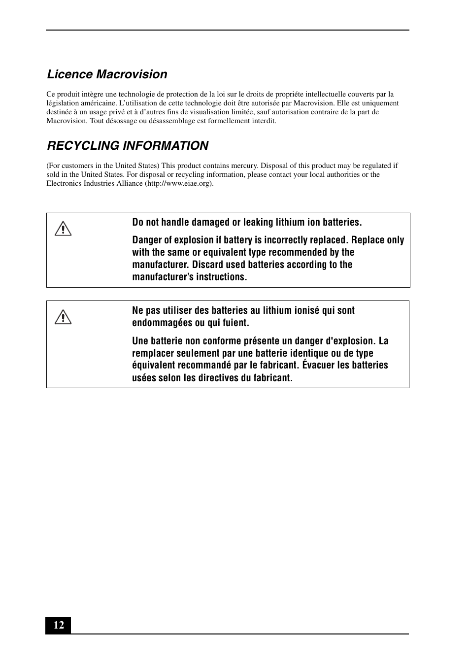 Licence macrovision, Recycling information | Sony VGC-VA11G User Manual | Page 12 / 20