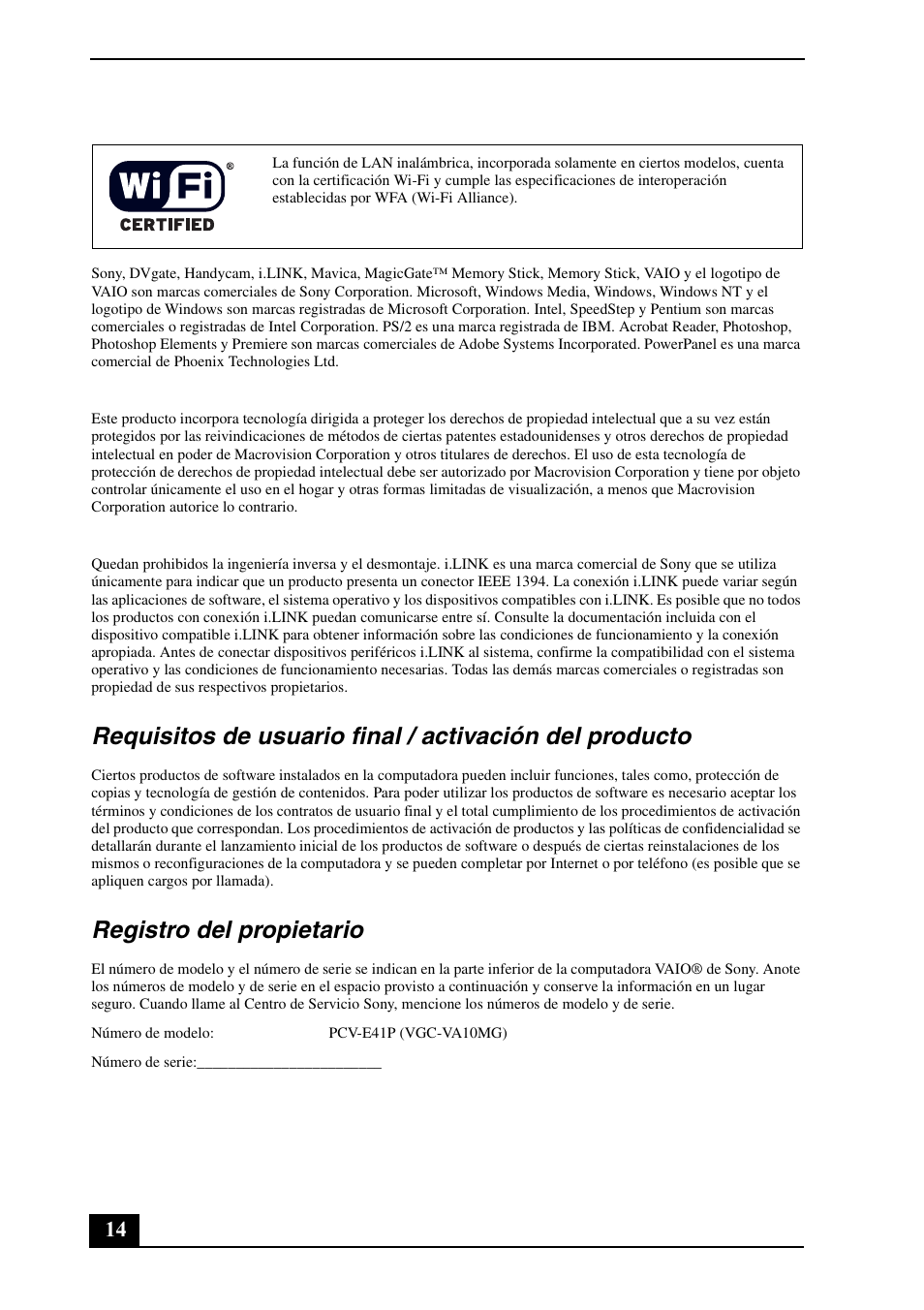 Registro del propietario | Sony VGC-VA11G User Manual | Page 14 / 20