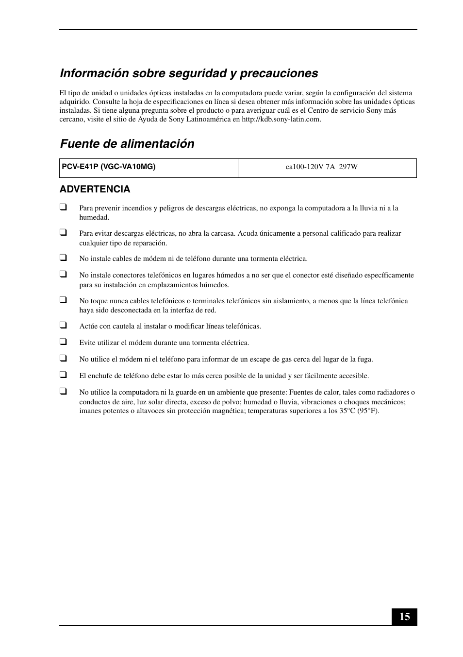 Información sobre seguridad y precauciones, Fuente de alimentación | Sony VGC-VA11G User Manual | Page 15 / 20