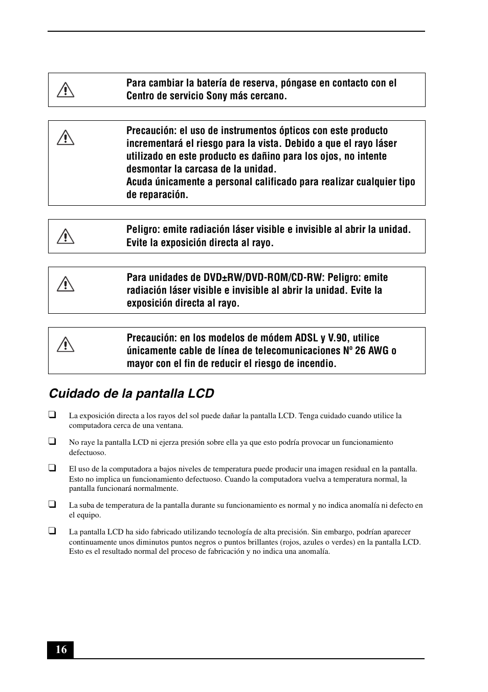 Cuidado de la pantalla lcd | Sony VGC-VA11G User Manual | Page 16 / 20